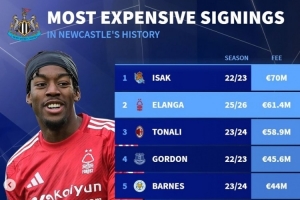 德轉(zhuǎn)列紐卡隊史引援榜：伊薩克7000萬，伊蘭加、托納利、戈登在列