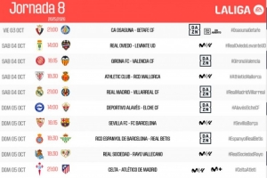 西甲官方公布聯(lián)賽第8輪賽程：皇馬主場迎黃潛，巴薩客戰(zhàn)塞維利亞